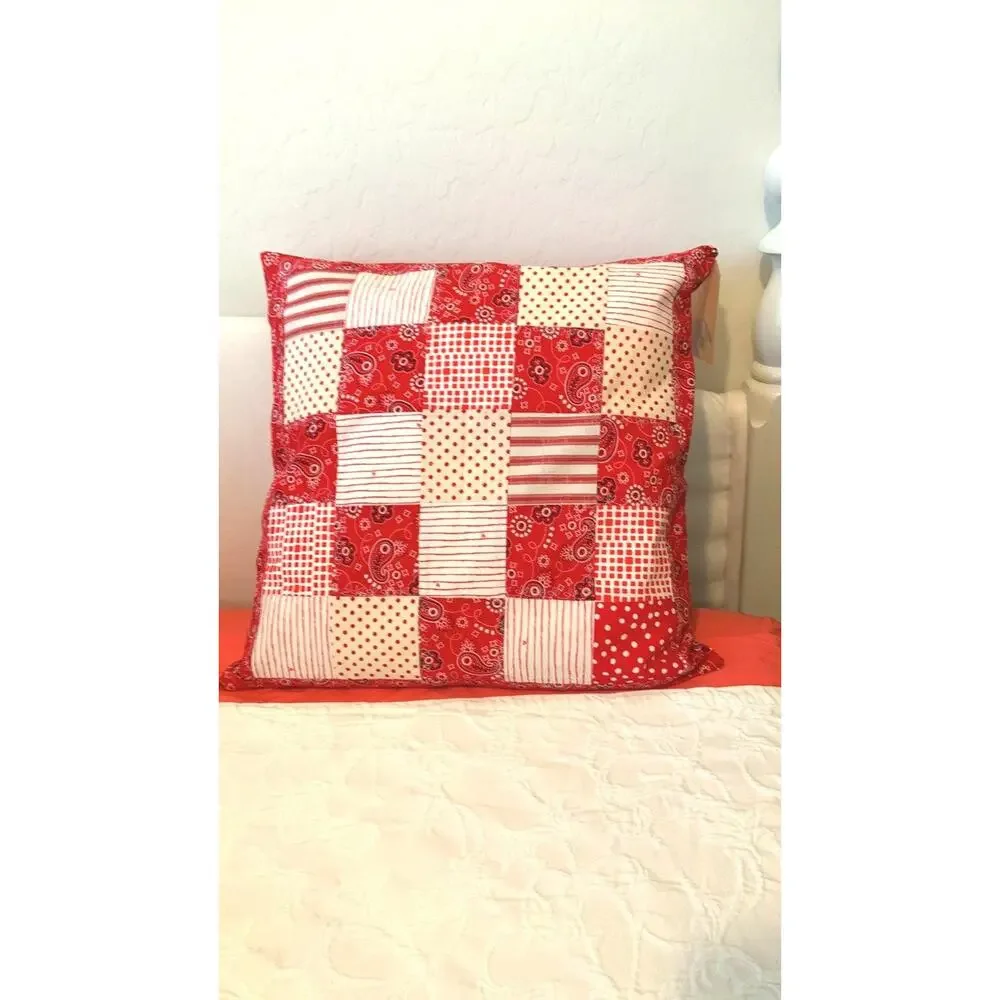 Vintage Cowboy Pillow Sham, Red Bandana Border, Upcycled Flannel